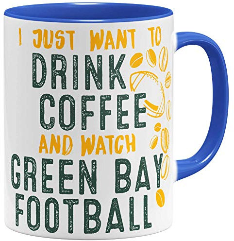 OM3® - Green-Bay-Coffee - Tasse - Keramik Becher - American Football Mug - 11oz 325ml - Beidseitig Bedruckt - Royalblau