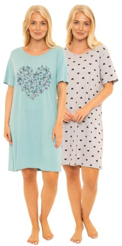Suzy & Me Womens Pack of 2 Short Sleeved 100% Cotton Jersey Nightshirts. Butterfly, Heart, Stag, Bee, Campervan Print Designs (GREY/DUCK EGG, 20-22)