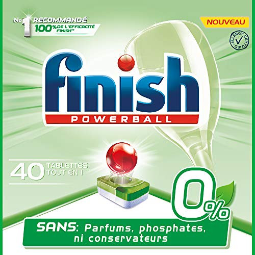 Finish Pastilles Lave-Vaisselle Powerball All In One 0% Ecolabel- Sans parfums, phosphates, ni conservateurs - 40 tablettes Lave-Vaisselle- 640g