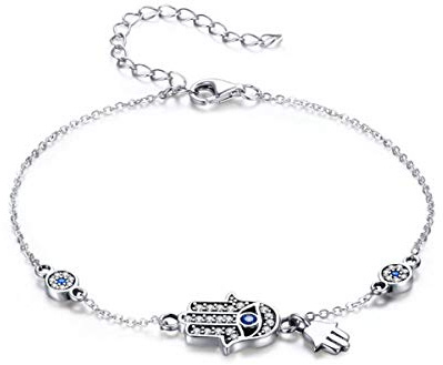 SLUYNZ 925 Sterling Silver Fatima Hamsa Hand Evil Eye Bracelet for Women Blue Round Eyes Bracelet