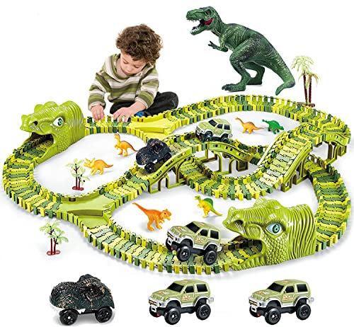 burgkidz Jouets de Dinosaure Voies Ferrées, Ensemble de Jeu de 260 Pistes de Course de Dinosaures avec 3 Voitures de Chemin de Fer et 7 Jouets de Dinosaures, Cadeau Éducatif pour Garçons et Filles