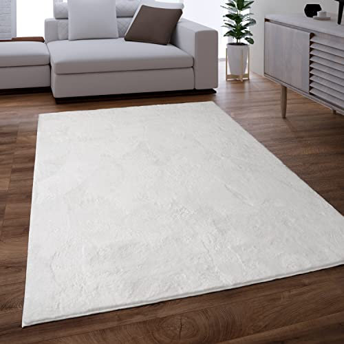 Paco Home Teppich Wohnzimmer Kunstfell weich waschbar modern elegant pflegeleicht Felloptik Uni Seidenglanz flauschig Kurzflor, Grösse:60x90 cm, Farbe:Weiß