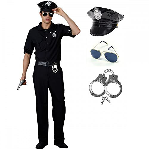 New York Cop Adult Mens Fancy Dress Costume + Hat + Sunglasses + Handcuffs (M - Chest 41)