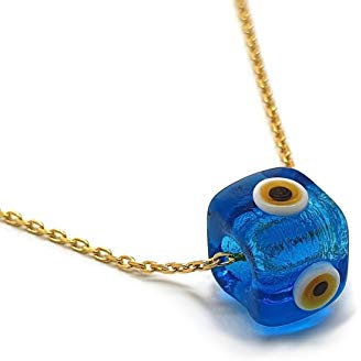 MYSTIC JEWELS by Dalia – Halskette mit bösem Auge in Würfelform aus blauem Kristall, für Glück – Kette aus 925er Sterlingsilber mit Goldbeschichtung (Hellblau)