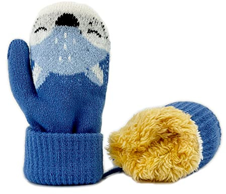 BEISIJIA Warme gestrickte Fäustlinge für Kleinkinder, niedliche Cartoon-Handschuhe, Winter-Fäustlinge mit Schnur, zum Aufhängen, für 1–4 Jahre Kinder, Blue, One Size
