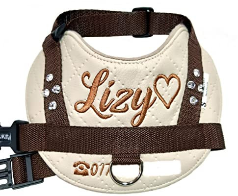 Hundegeschirr S M L XL XXL mit Wunsch Namen bestickt Kunstleder Cream Braun für kleine mittelgroße und große Hunde