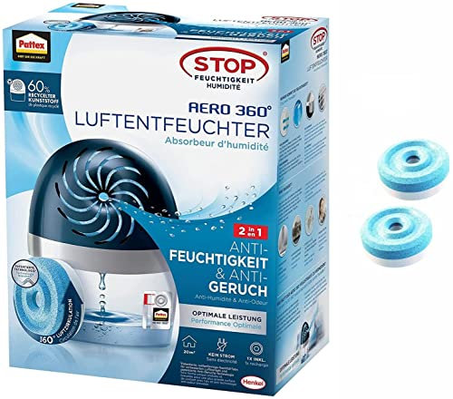Pattex Luftentfeuchter Stop Feuchtigkeit AERO 360°, hocheffizienter Raumentfeuchter, nachfüllbar, reduziert Feuchtigkeit Gerüche & Schimmel, Spar-Set 1 Gerät + 3x 450 g Tab (1+2 extra), 9HPLAGSP1X