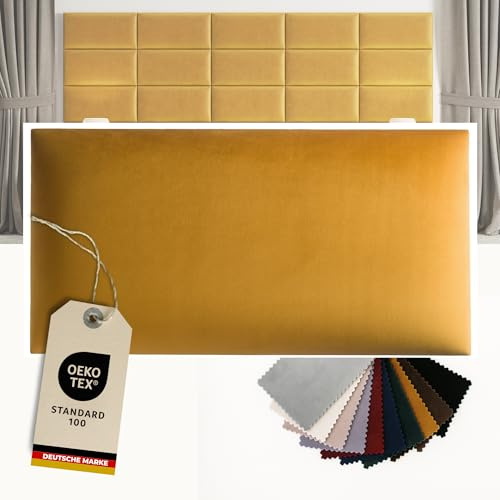 softwalls Wandkissen 60x30 cm Samt Goldgelb, Extra dick 5cm, Wandpolster zum Kleben od. Bohren, Bett Kopfteil Oeko-Tex, Wandpaneele mit 8mm MDF-Platte, Handgefertigt EU Akustikpaneele, Rückenkissen