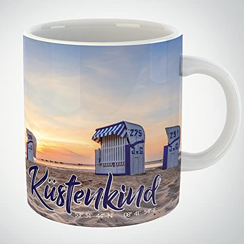 Cuxhaven Tasse mit Motiv Küstenkind Strandkörbe Sonnenuntergang, Motivtasse, Teetasse, Kaffeebecher, Kaffeetasse