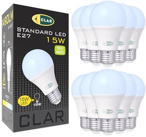 CLAR - Bombillas LED E27 15W 6500K, Luz Fría, Bombilla LED Blanco Frío (Pack 10)