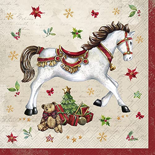 IHR Ideal Home Range - Servietten Weihnachten FESTIVE HORSE cream festliches Pferd Reiter Sattel Sterne Blüten 20 St. Lunch-Servietten 33 cm x 33 cm