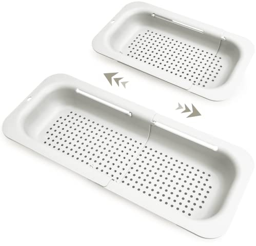 Komzon Extendable Colander Strainer, Retractable Kitchen Sink Basket, White, Plastic, 13.5-18.8 inches