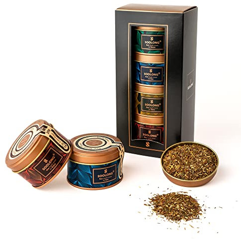 Soolong Welt Nr5 Exklusives Teegeschenkset mit 4 Welttees - Malawi Detox, Rooibos Vanille; Japanischer Genmaicha Matcha und Chinesischer Oolong - Lose Tees - Muttertagsgeschenk - Sortiment 4 Stücke