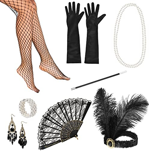 Balinco 1920 Set, Perlenarmband, Perlenkette, Handschuhe Schwarz, Flapper-Kopfschmuck Haarbandband, Fächer, Ohrringe, Netzstrumpfhose, Zigarettenhalter, Halloween Kostüm Damen, 20er Jahre Accessoires