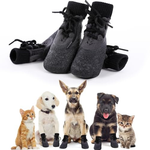 PUMYPOREITY 4 Stück Pfotenschutz, Hundeschuhe Outdoor Sportschuhe Hundesocken wasserdichte Hundestiefel mit Anti-Rutsch Sohle Regenschutz Schwarz für Kleine Mittelgrosse Hunde Katzen(Schwarz, L)
