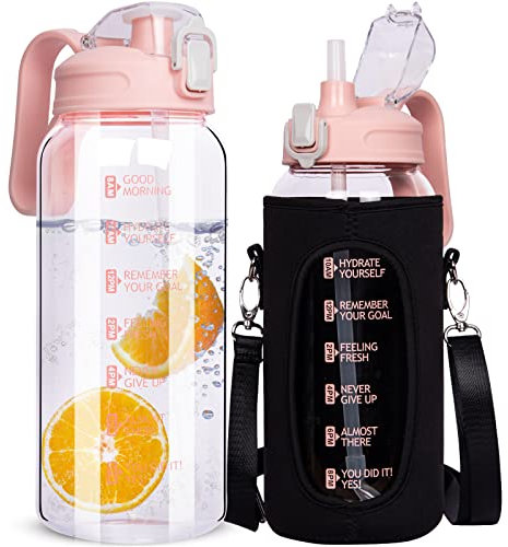 DEARRAY 2 Litre Glass Water Bottle with Straw & Time Markings 2l Large Leakproof Motivational Glass Drinking Bottle Big Glass Pitcher Jug with Lid bpa Free Glass Carafe, Light Pink