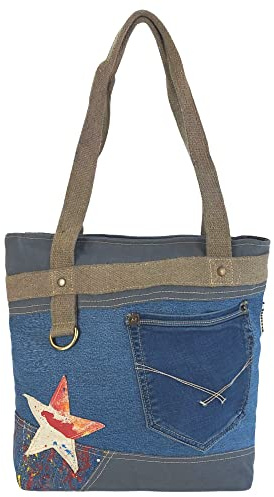 Sunsa Damen Handtasche. Nachhaltige Jeanstasche in Vintage Retro Stil, blau | Schultertasche aus recycelte Jeans, DIN A4 geeignet. Handgelenktasche große vegane Tasche als praktische Geschenk für Frauen
