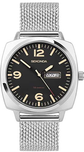 Sekonda Airborne Mens Analogue Watch 40mm Silver Stainless Steel Mesh | 50 Metres Water Resistance, mineral glass crystal, sliding clasp, day and date display, ion-plated case