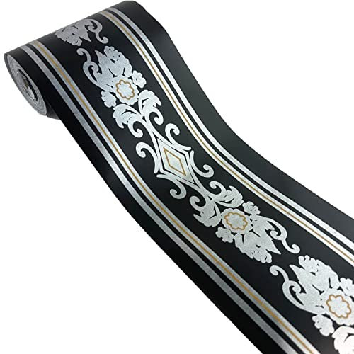 Tapetenbordüre, selbstklebend, Vintage-Stil, Schwarz / Silber, Blumenmuster, 5 Meter