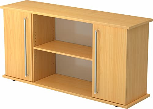 bümö Sideboard Buche mit Flügeltüren & Regal - Büromöbel Sideboard Holz 166cm breit, 45cm schmal, Büro Schrank für Flur oder als Wohnzimmer-Kommode mit Chromgriff