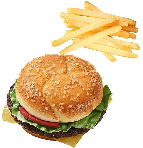 Joeabor Künstlicher Hamburger & 12 künstliche Pommes Frites Realistische Fake Food für Display Faux Burger für Dekoration Fake Food Requisiten