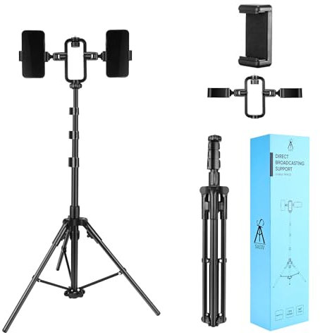 IEKSH Phone Tripod Stand, Automatic Pop-Up Design Aluminum Alloy Lightweight Tripod for iPhone, iPhone Tripod with Phone Holder for Vlog Live Streaming, Fix up to Three Mobile Phones