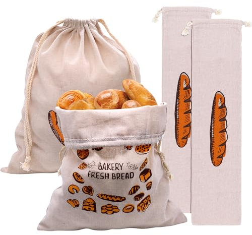 ZHIYUQL® 4 Stück Brotbeutel Leinen mit Kordelzug Brotsack Aufbewahrung Frischhalten Brottüte Wiederverwendbar Leinenbeutel für Baguette Brot Aufbewahren