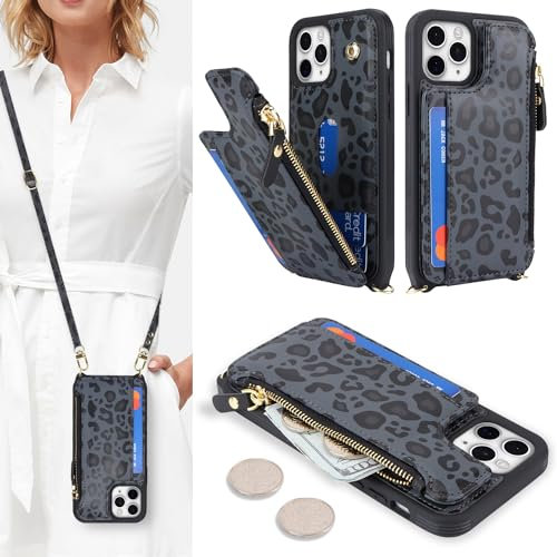 SailorTech Handyhülle für iPhone 11 Pro Max Etui mit Kartenfach, iPhone 11 Pro Max Hülle mit Verstellbarer Halskette, iPhone 11 Pro Max Handytasche mit Reißverschluss Geldbörse - Schwarzer Leopard