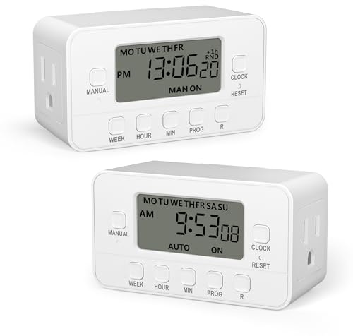 BN-LINK 7-Day Heavy Duty Digital Timer with Dual Outlet, LCD Display, 3-Prong Programmable Design, for Lights, Fans, Coffee Machine, Home, Office, Indoor Use, 125V 15A 1875W, 2 Pack