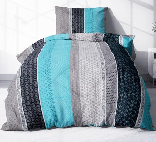 Heubergshop 2-teilige Renforce Bettwäsche 135x200cm und 80x80cm - Streifen, Sterne, Türkis - 100% Baumwolle, Bettgarnitur (EW-01-Renforce)