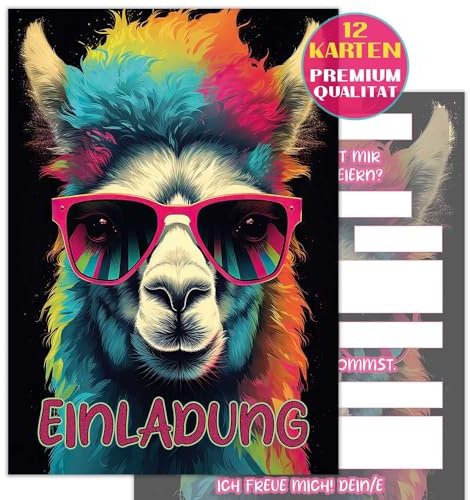 VOSVOLO 12 x Lama Einladungkarten Kindergeburtstag Mädchen & Junge - Einladung Kindergeburtstag Jungen - Partyeinladung in coole Lama Design