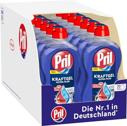 PRIL Kraft Gel Ultra Plus (16x 450 ml), Handgeschirrspülmittel mit höchster Fettlösekraft, für sauberes Geschirr auch in kaltem Wasser, entfernt selbst 48 h Eingetrocknetes