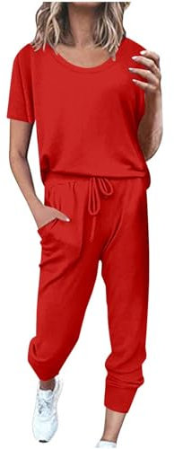 EMATOP sale angebote Traingsanzug Damen Zweiteilige Sport Freizeitanzug Sommer Lose Jogginganzug Kurzarm Top und Hose Sportanzug Baumwolle Leicht Hausanzug Lässig Einfarbig Schlafanzug