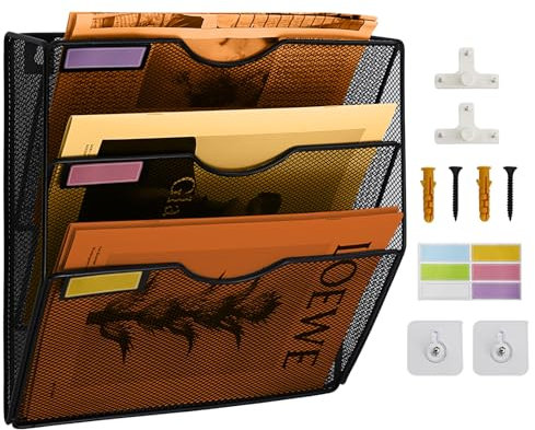 PLSOPPKG Hängeorganizer Wandablagefächer 3 Stöckiger Wandmontage Schreibtisch Organizer, A4 Zeitschriftenhalter Wand, Hängende Wandordner Dokumente Metall Büro Dokument Organizer für Zuhause