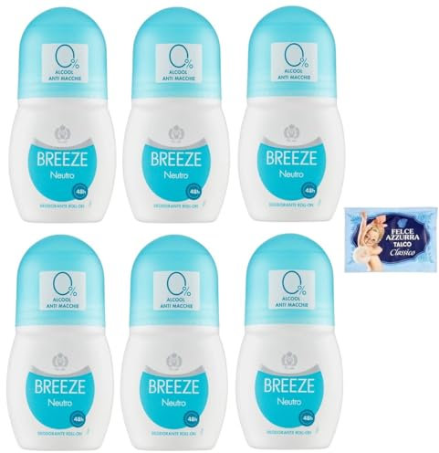 6x BREEZE Neutro Deodorante Roll On 50ml + 1 Confezione di Talco Felce Azzurra in omaggio, Busta da 100g