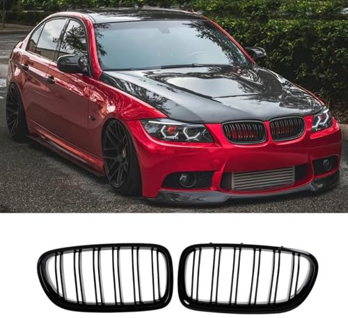 Haoyijiahui E90 E91 Kühlergrill Nieren Schwarz - Passend für BMW 3er E90 E91 LCI - Bj 2009-2011 - Doppelsteg Nieren - Vorne Grill - Schwarzer Glanz (For 3er E90 2009-2011)