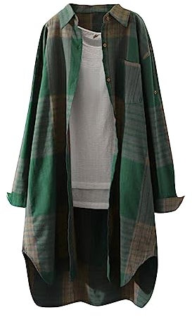 Kariertes Hemd Damen Casual Strandshirts Hosenanzug Damen Festlich Hochzeit Musselin Shirt Knopfleiste Leinenbluse Long Bluse Bluse Kariert Damen Button Down Shirts Lange Blusen(13-Green,XXL)