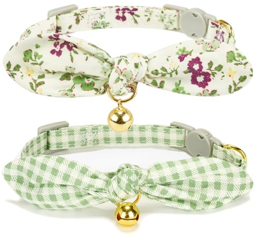 YUDOTE Soft Cat Collar with Hand-tied Bow, Green Floral & Gingham 2 Pack | Breathable lightweight fabric with fresh floral prints, natural countryside styling suitable for daily all-season wear.