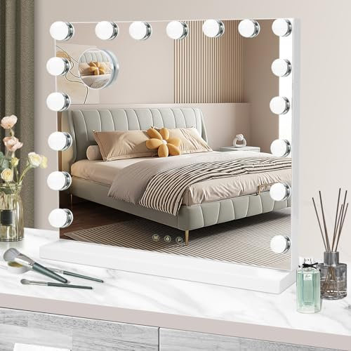 Ereousa Hollywood Spiegel mit dimmbarer Beleuchtung, 60x52 cm Schminkspiegel mit 17 LED-Lichtern, 3 Lichtfarben und Touchscreen, langlebiger Schminktisch Spiegel für Make-up