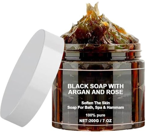 Black Soap With Argan And Rose, Moroccan Black Beldi Soap, African Black Soap Mit Bio Arganöl, Natürliche Schwarze Seife, 200g