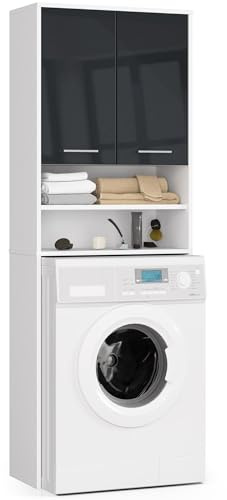 3xE Living Badezimmerschrank über der Waschmaschine: Zwei Türen, Farbe: weiß | glänzendes Graphit, Maße des Möbels: B: 64 cm, H: 180 cm, T: 30 cm.