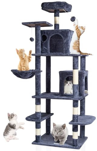 VEVOR 68.5 Cat Tree for Indoor Cats, Tower With 2 Condos, Sisal Scratching Post, Hammock, Top Perch, Jumping Platforms, Large Furniture Activity Center With Hang Ball, Dark Grey