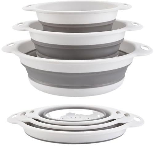 Surwin 3 Pcs Collapsible Colanders, Big Small Combination Silicone Colander, Foldable Filter Drain Baskets, Kitchen Strainer for Draining Pasta Fruits Vegetable Colanders (White)