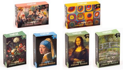 Set of 6 Mini Masterpiece Jigsaw Puzzle in a Matchbox - 50 piece. Assorted famous paintings - great travel size entertainment or Christmas Cracker Filler