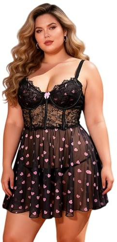 comeondear Dentelle/Cuir PU Nuisette avec Armatures Robe Sexy Femme Érotique Grande Taille Lingerie Coquine Hot Chemises de Nuit Transparent Babydoll Maille Dos Nu Robe de Nuit avec G-String