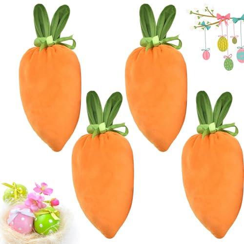 Ostern Karotte Tasche,4 Stück Ostern Samtbeutel,Karottenbeutel Ostern Dekorationen,Ostern Geschenkbeutel,Karottensäckchen aus Samt,Möhren Osterhasentüten für Ostern,Geschenke,Aktivitäten,Partyzubehör