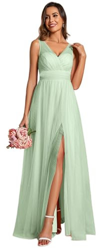 Ever-Pretty Abiti da Cerimonia Donna Lunghi Eleganti Tulle Senza Maniche Abito da Sera con Spacco Vestito da Paillettes Collo Alto Scollo a V Menta Verde 44