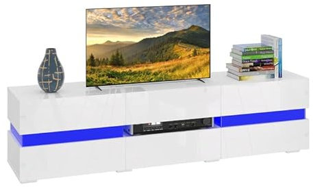 Panana Modern TV Unit with LED Light 2 Doors 1 Drawers for Living Room High Gloss Front TV Stand Cabinet Entertainment Centre TV Console Media Unit 177 cm (White)