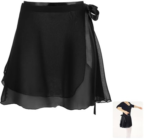 Abeillo Ballet Dance Skirt for Girls, Black Dance Wrap Skirts with Waist Tie Chiffon Gymnastics Ballet Skirts for Girls 6-8