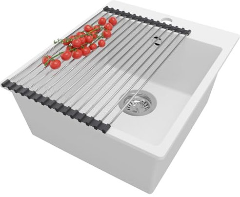 PRIMAGRAN Fregadero Cocina Blanco 43x50cm, Granito 1 Seno + Sifón + Enrollable Escurridor, Sobre encimera al mueble 45cm - Riga S107